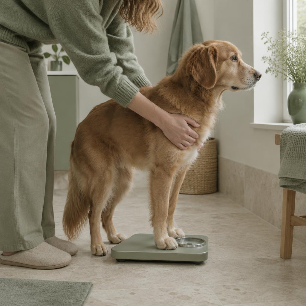 A dog standing on a bathroom scale while its owner steadies it