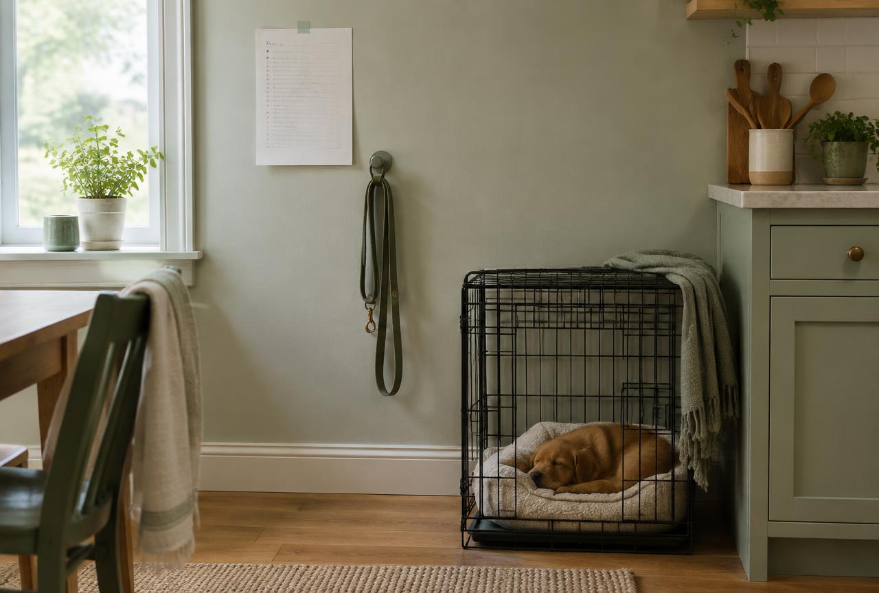 A pale kitchen wall with a paper schedule pinned up and a sage lead on a hook, a puppy asleep in a crate below
