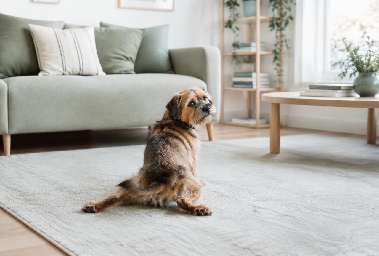 A small brindle terrier sitting on a pale rug in a bright living room, mid-scoot, looking back over its shoulder