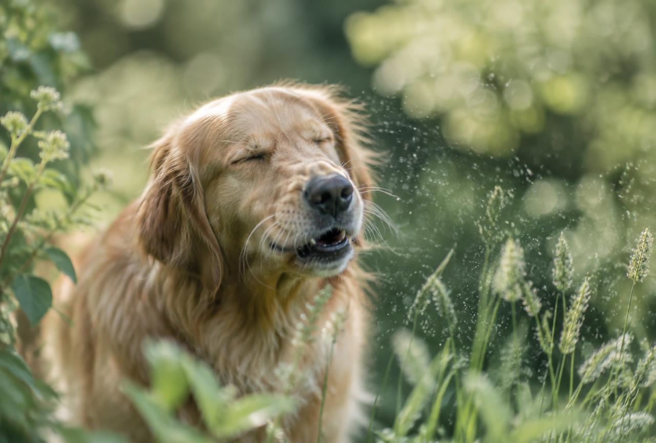 A dog sneezing in long grass in spring, pollen visible in the air
