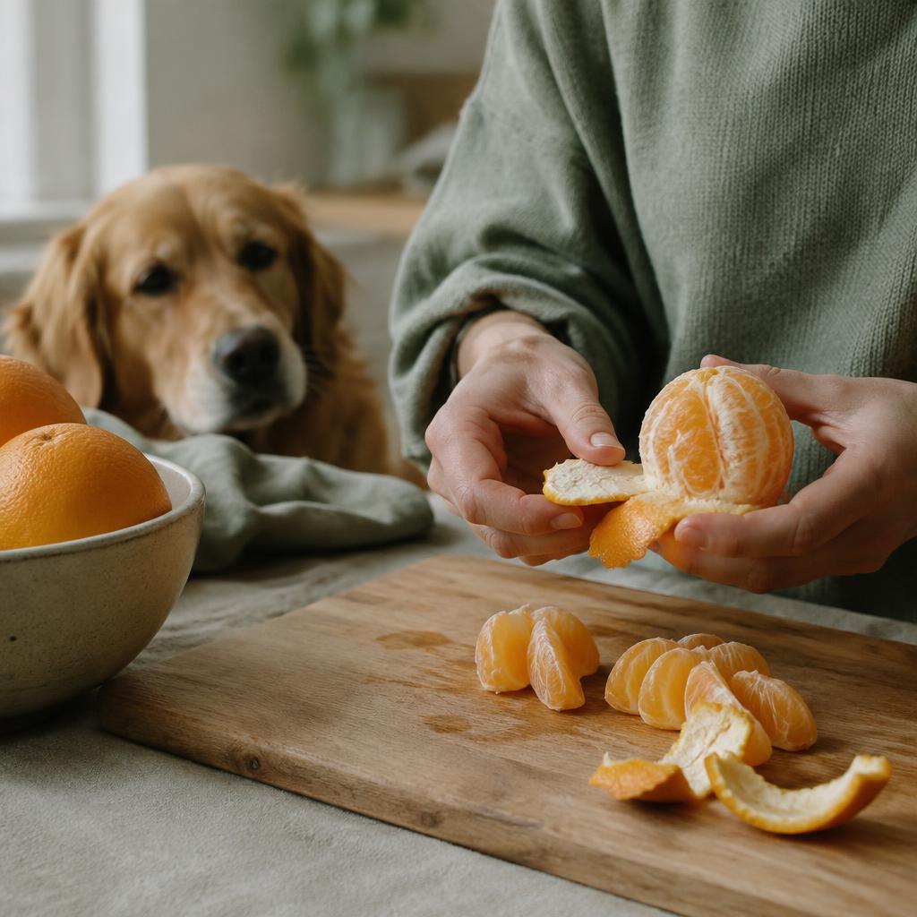 Hands peeling a fresh orange into segments on a wooden board with a dog watching in the background