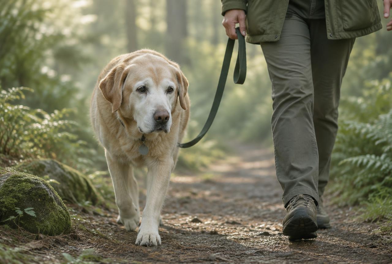A senior Labrador walking steadily on a forest path beside its owner