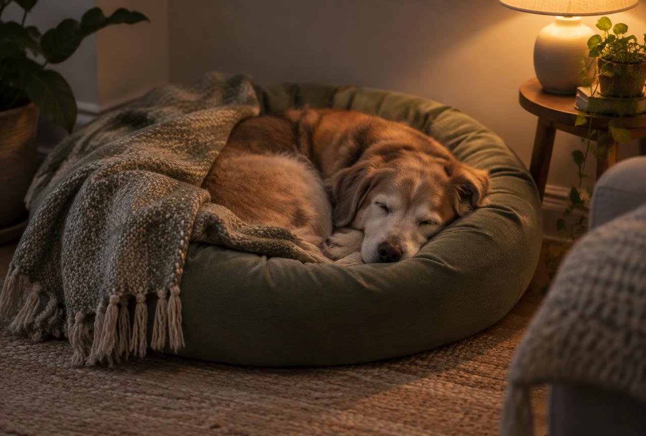An older dog curled in a round sage green dog bed in a quiet corner at evening, a soft throw over part of it