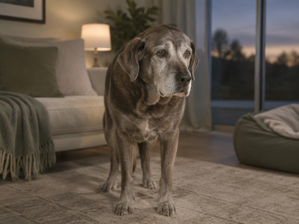A grey-muzzled senior dog standing in a softly lit living room at dusk