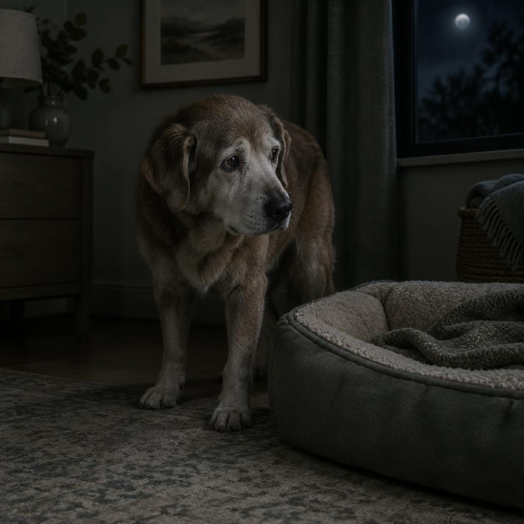 A senior dog standing unsettled beside its bed in a dark room