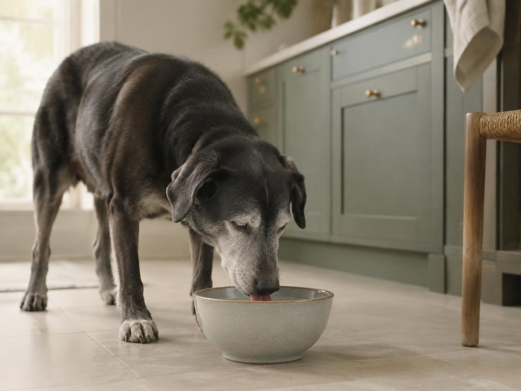 Senior dog drinking from a bowl in a quiet kitchen