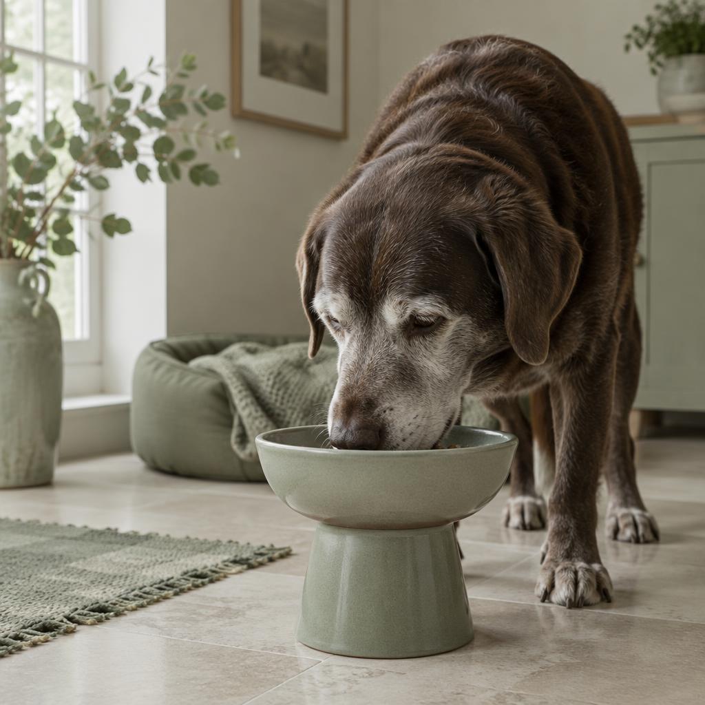 A senior dog with a grey muzzle eating from a raised bowl