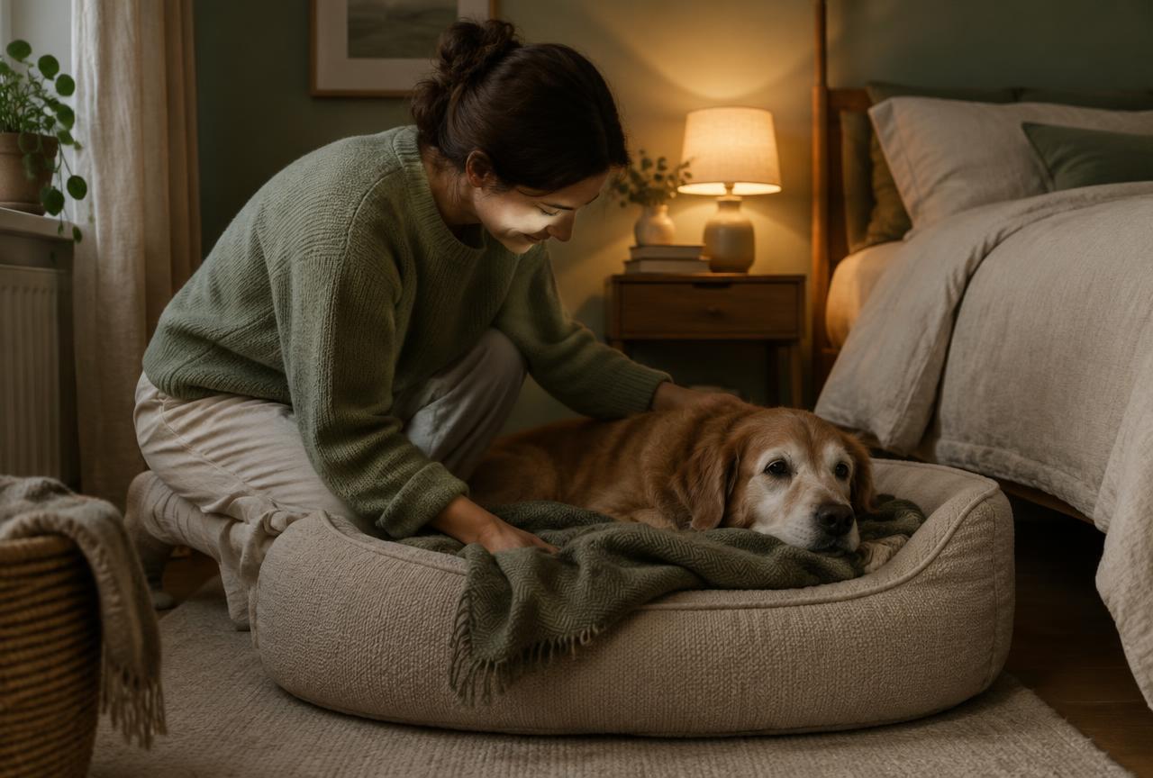 A person settling a senior dog into its bed in the evening