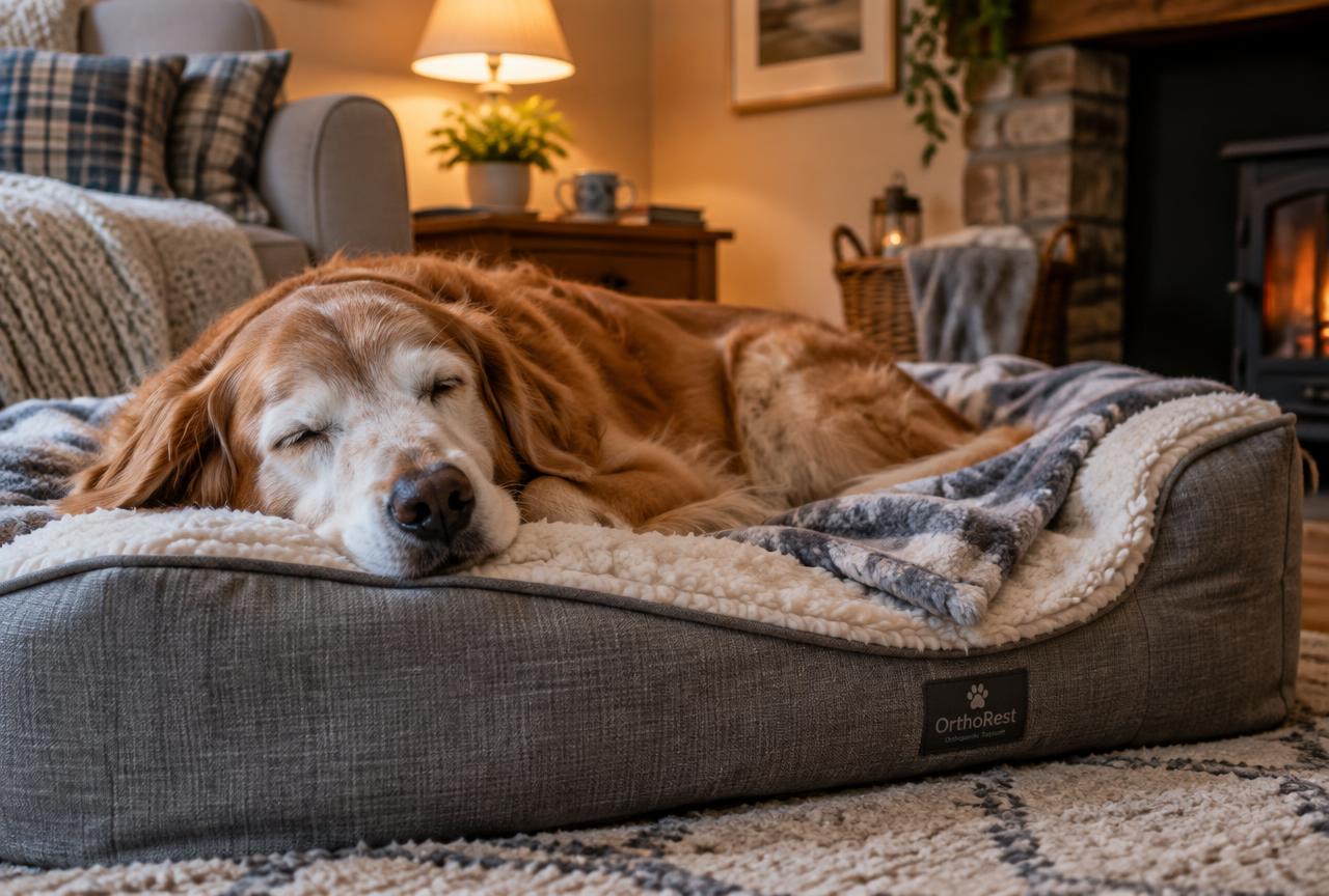 An old golden retriever sleeping peacefully on a grey orthopaedic dog bed beside a lit lamp and fireplace