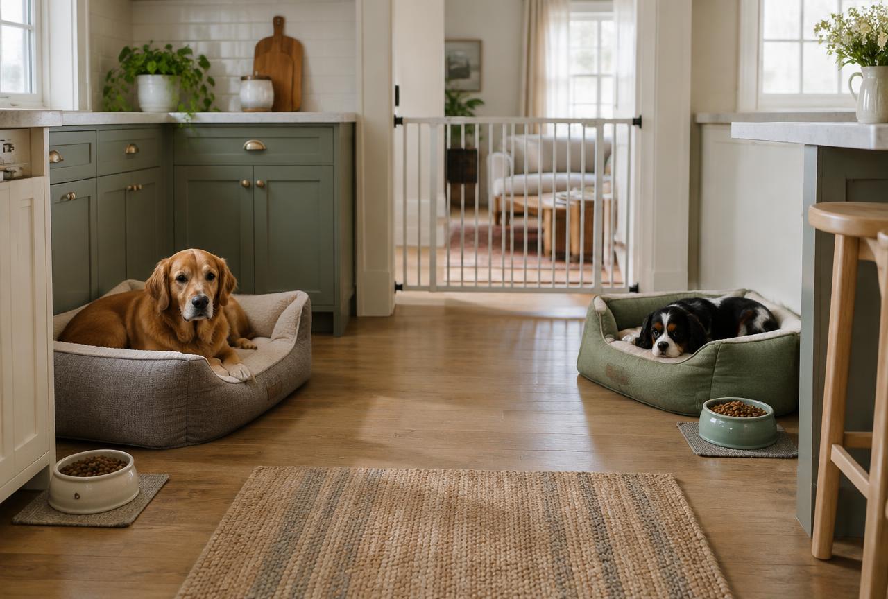 A kitchen with two separate dog beds and food bowls and a baby gate in the doorway behind