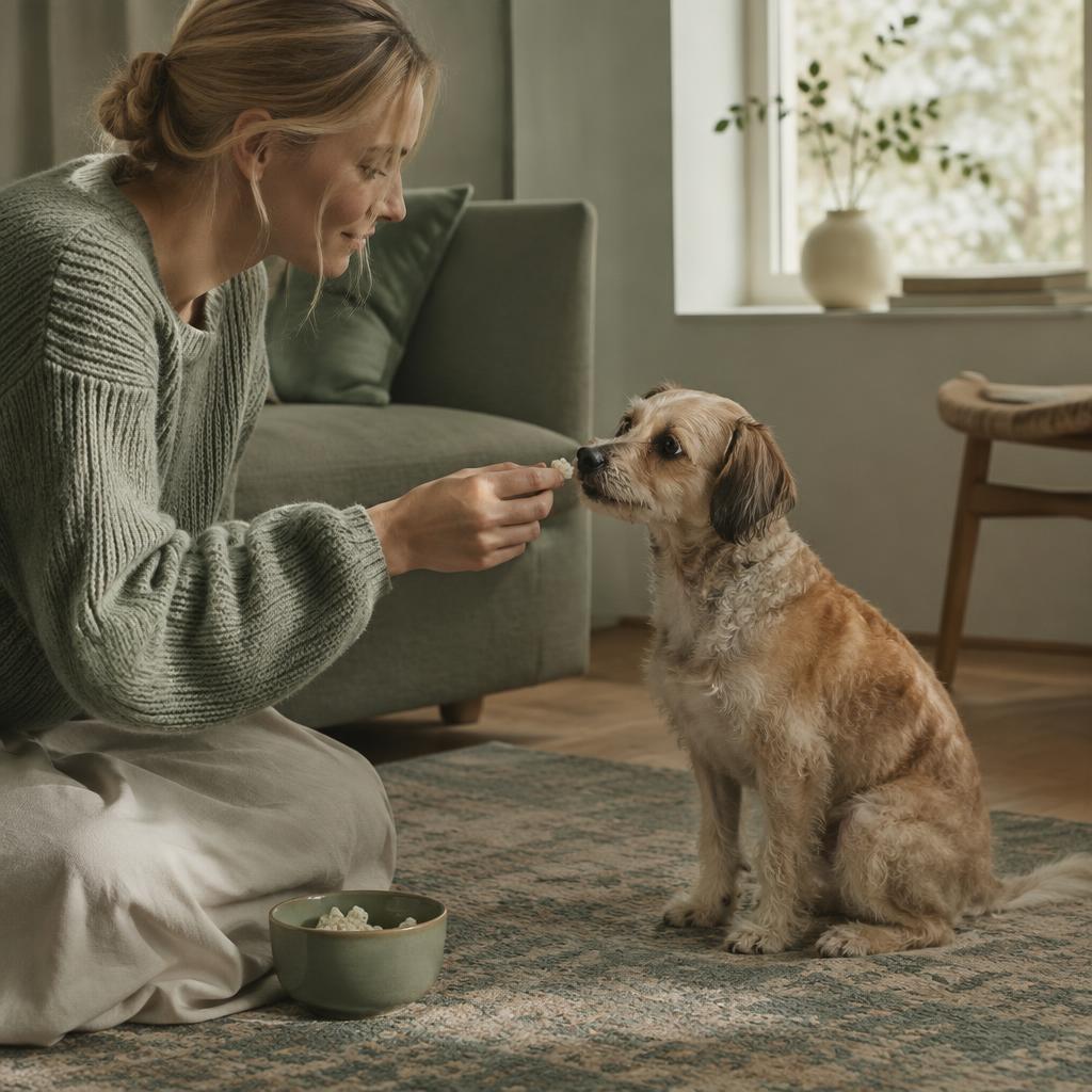 A person offering a single plain popcorn piece to a small dog on a rug