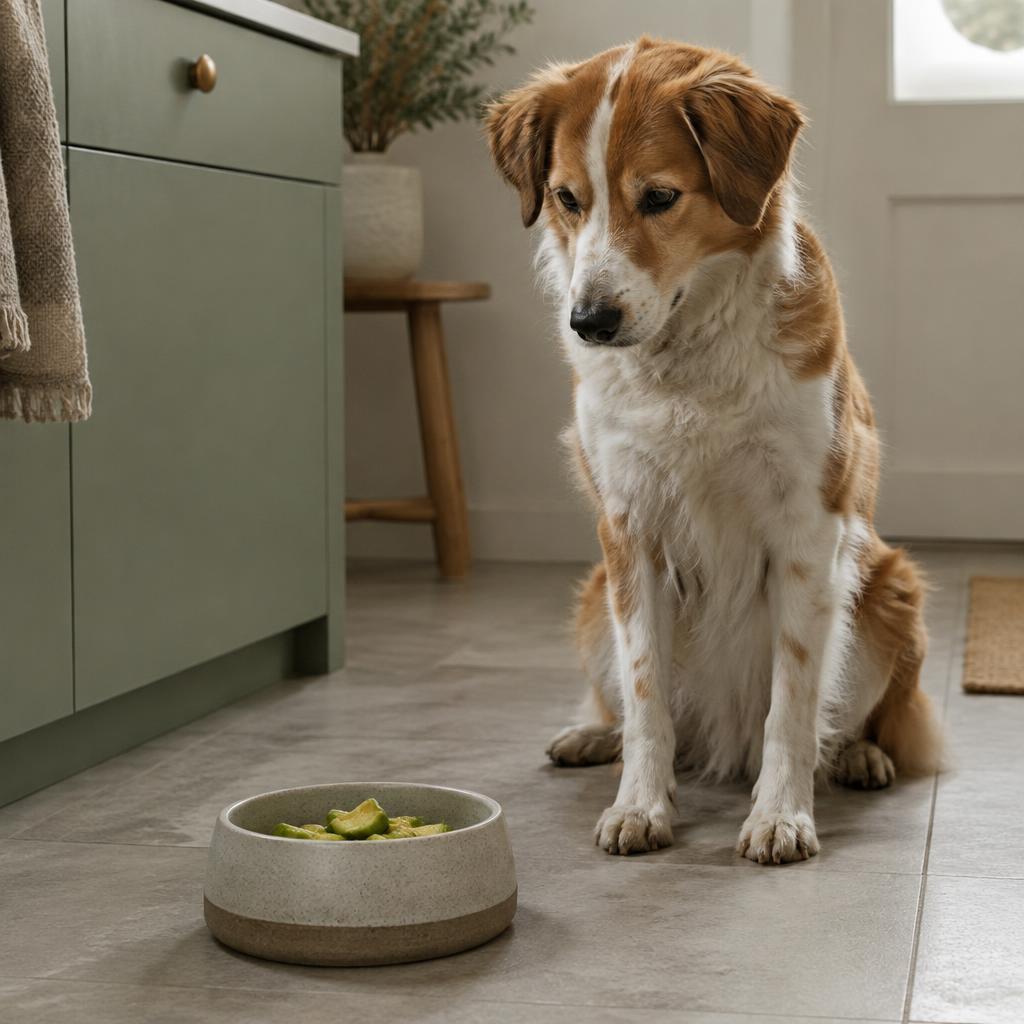 A dog waiting politely beside a bowl with a small portion of avocado pieces