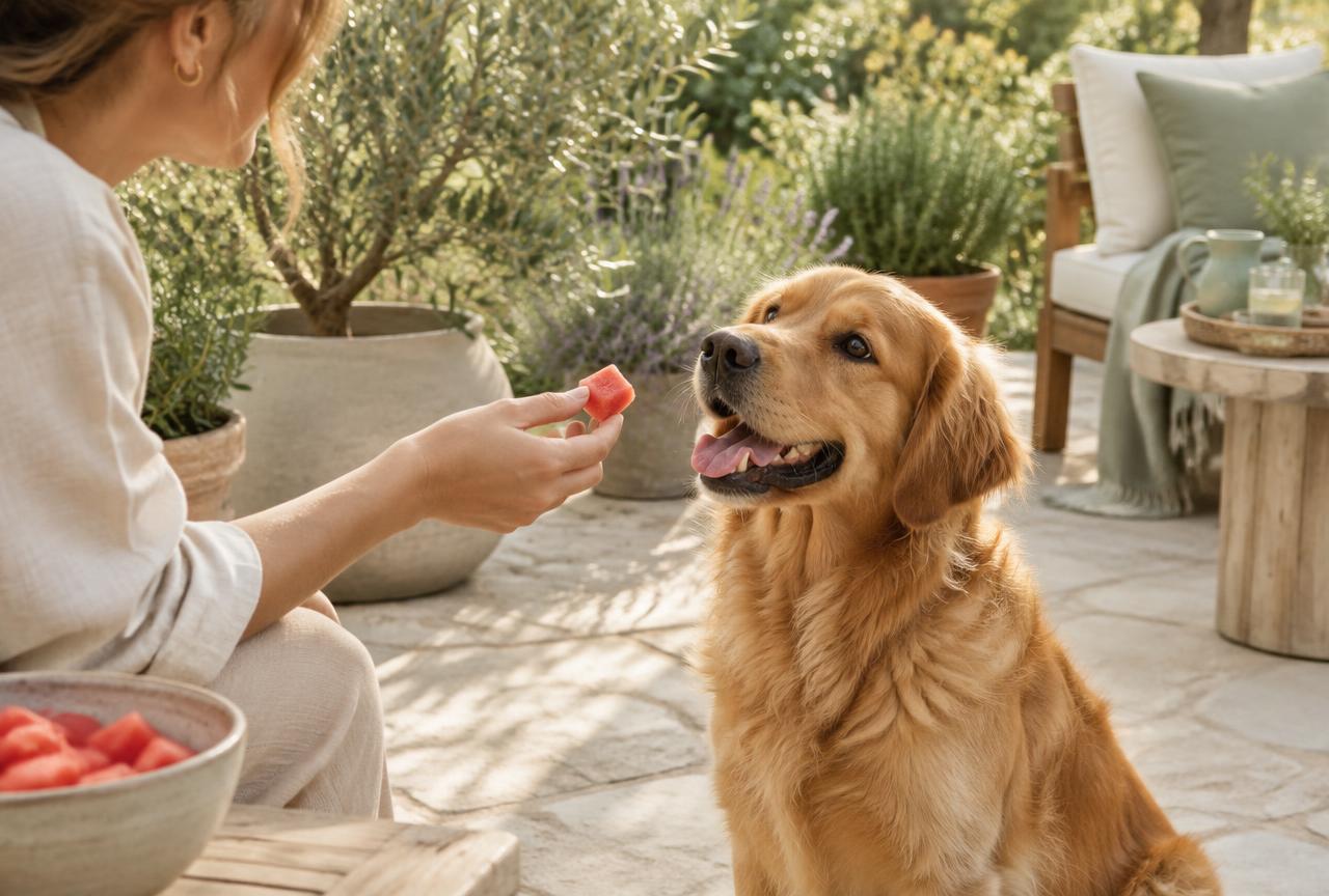 A person offering a cube of watermelon to a dog on a terrace
