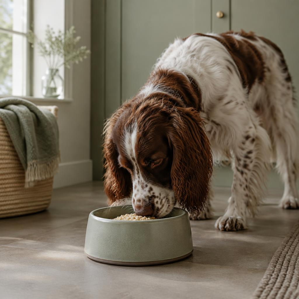 A spaniel eating a small portion of plain oatmeal from a ceramic bowl