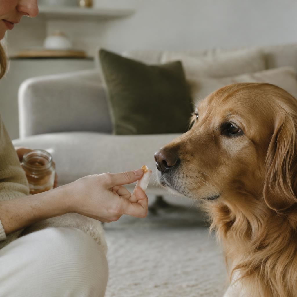 A person offering a tiny smear of honey to a calm adult dog