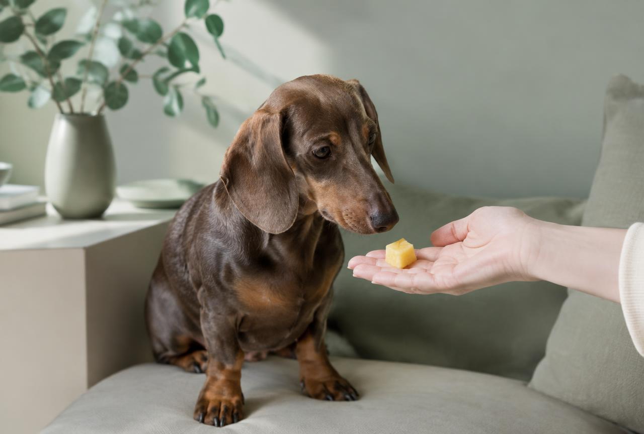 A small dachshund being offered a single pineapple cube on an open palm