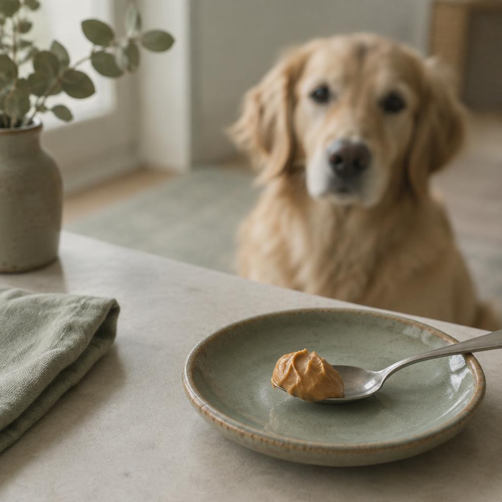 A teaspoon with a small dab of peanut butter and a dog waiting