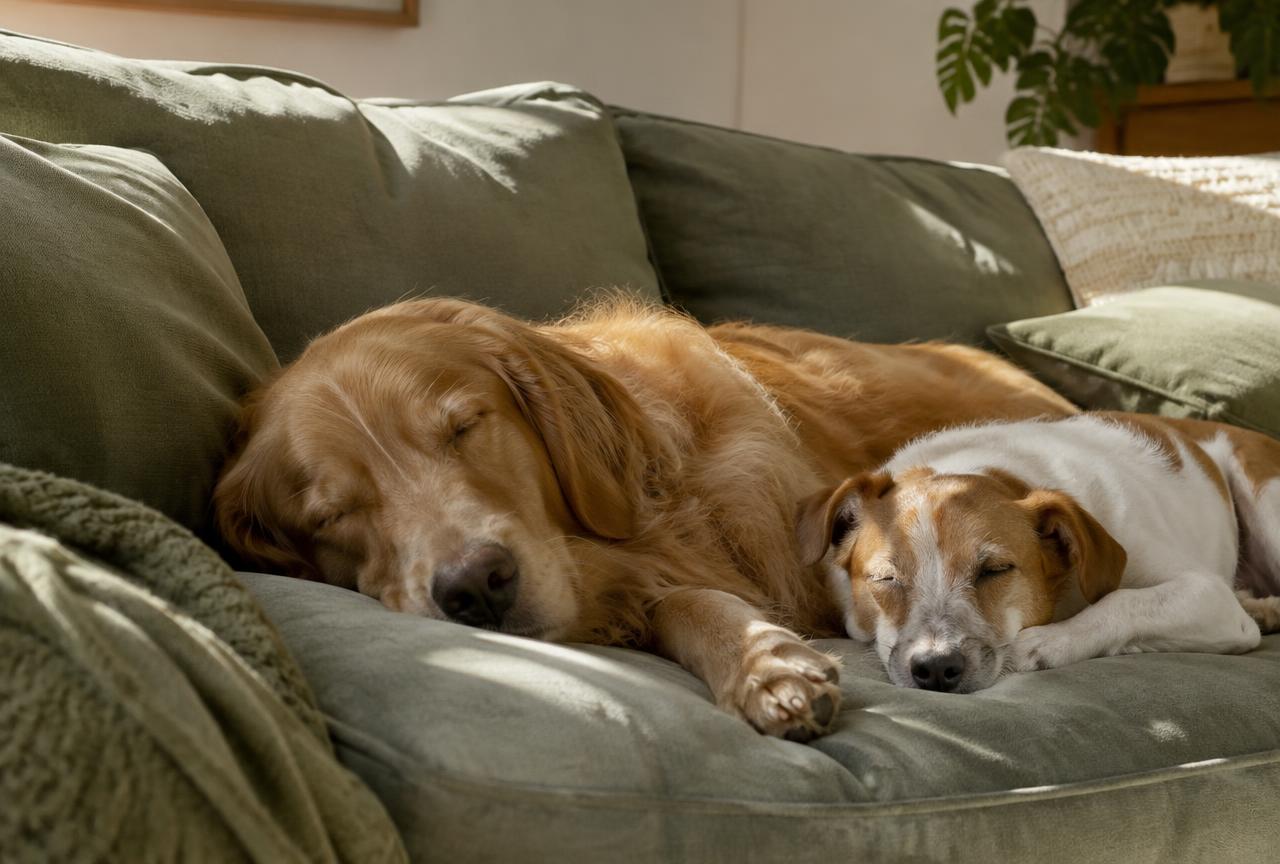 A golden retriever and a Jack Russell terrier asleep side by side on a sage green sofa