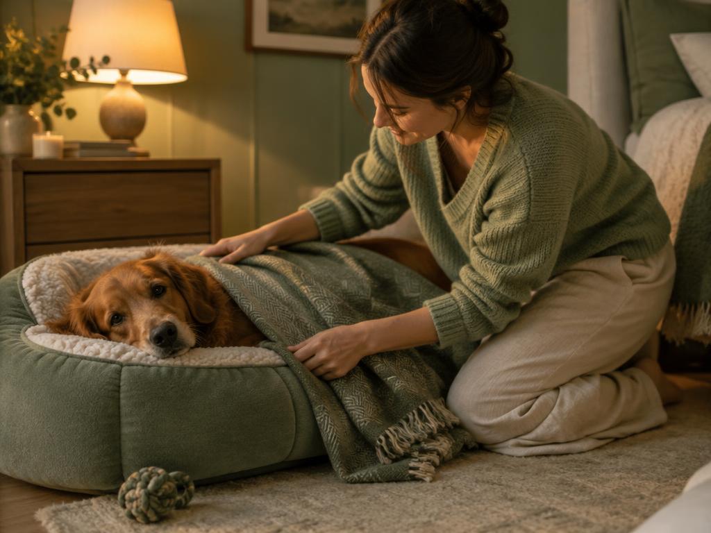 A person tucking a dog into a cosy bed with a blanket in warm lamplight