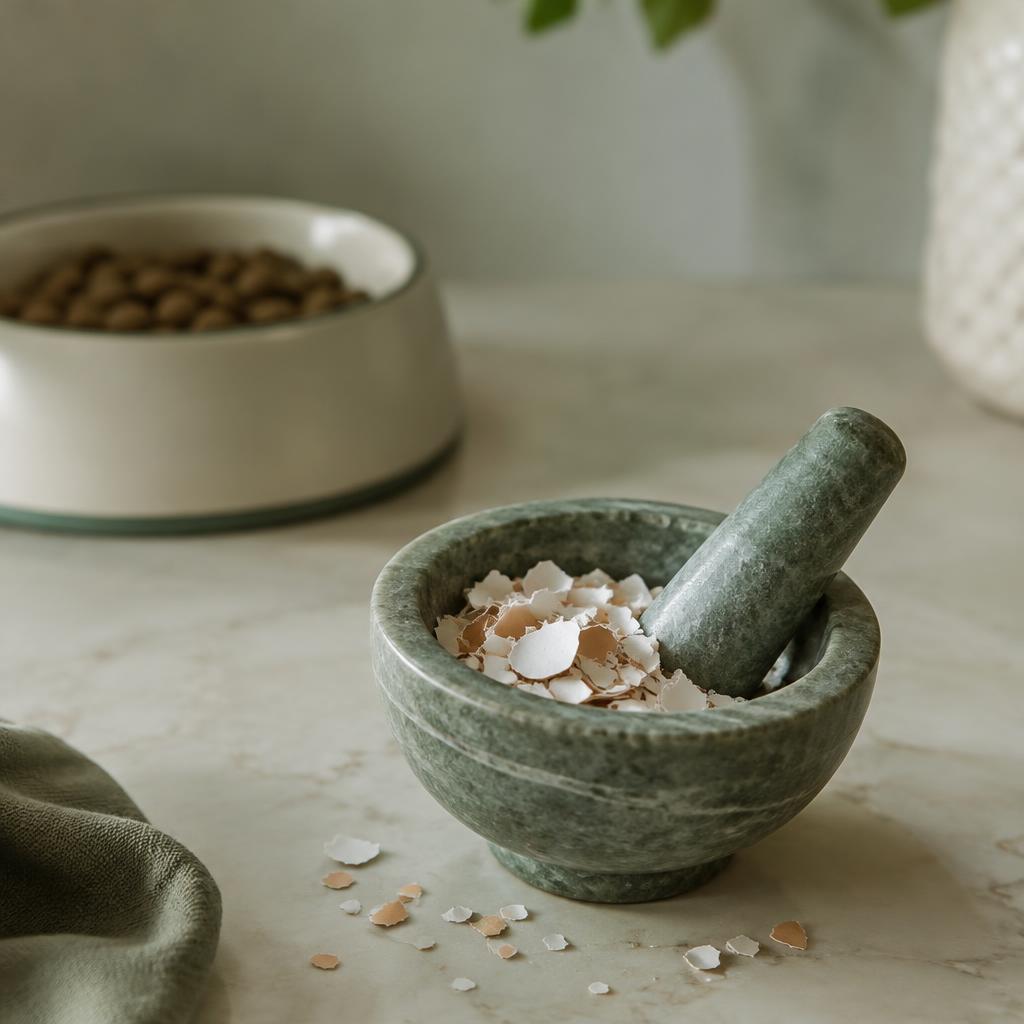 Crushed eggshell in a mortar beside a dog bowl
