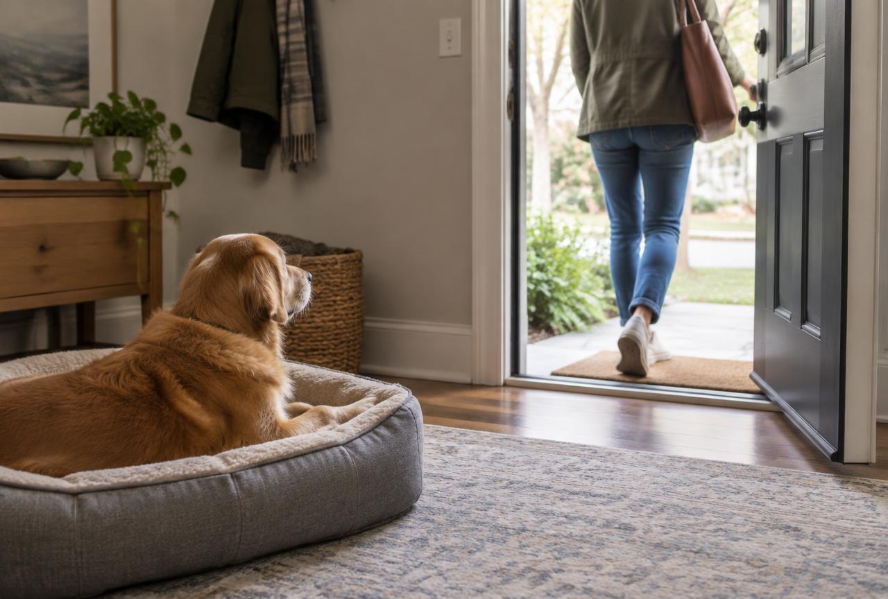 A golden retriever lying calmly in a grey bed watching its owner step out of the front door