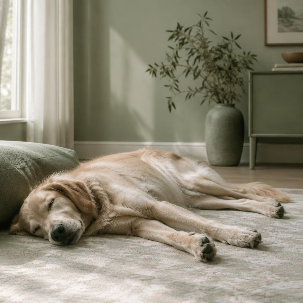 A dog sleeping on its side, fully relaxed