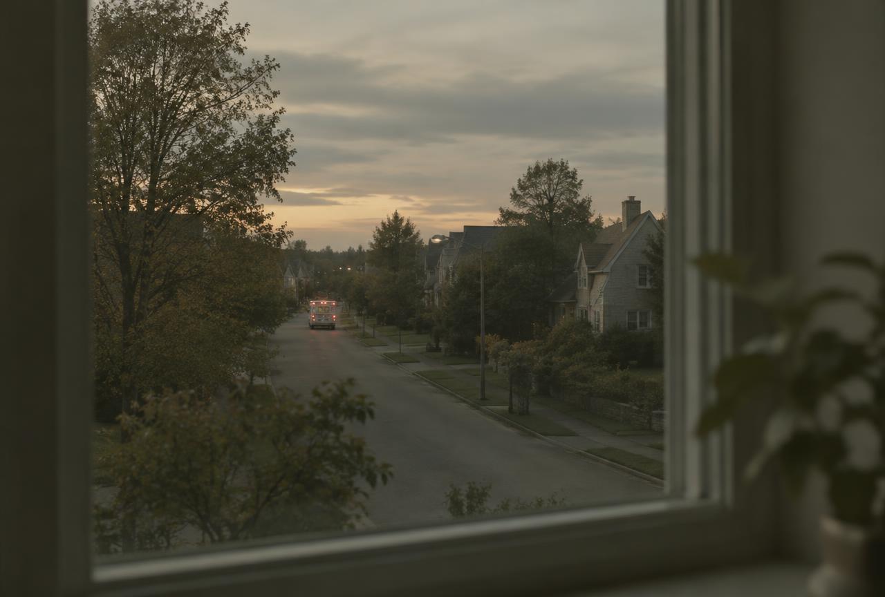 An ambulance with soft lights far down a quiet residential street at dusk