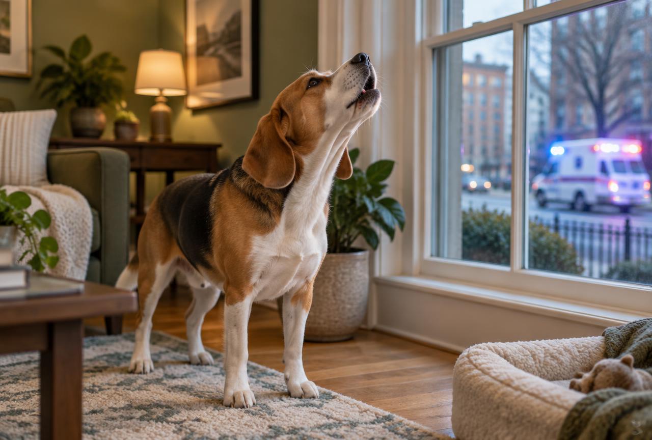 A beagle indoors standing near a window, head raised mid-howl, with a blurred ambulance visible through the glass