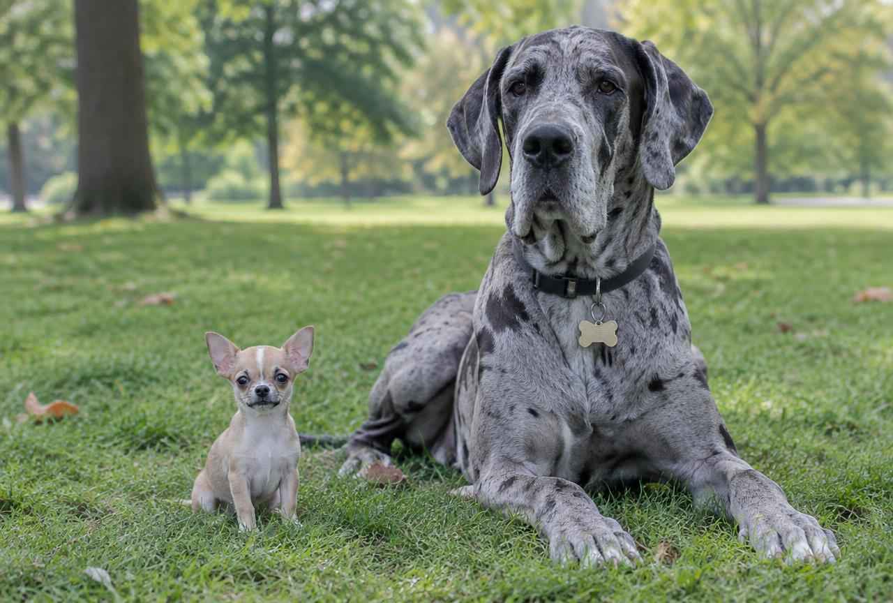 A tiny chihuahua sitting next to a large harlequin great dane on park grass