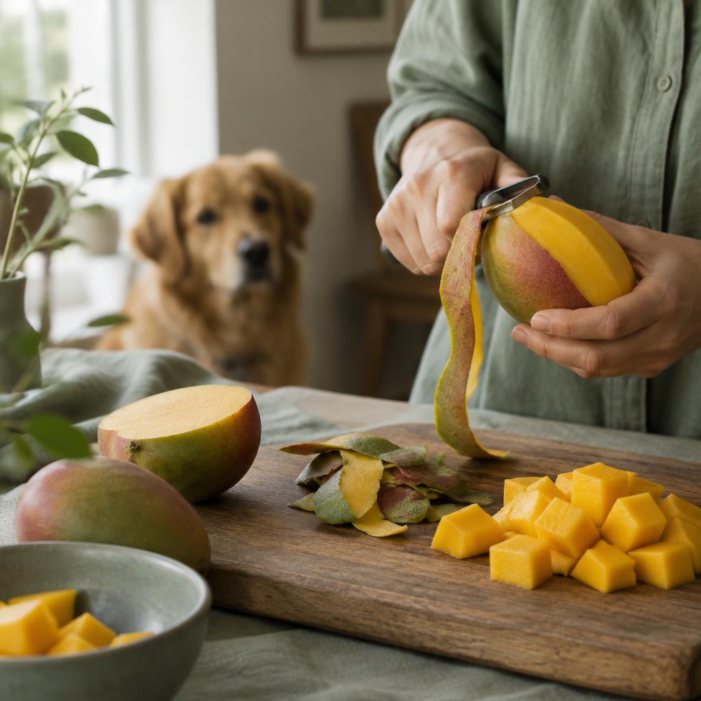 Hands peeling a mango over a chopping board with a dog in the background