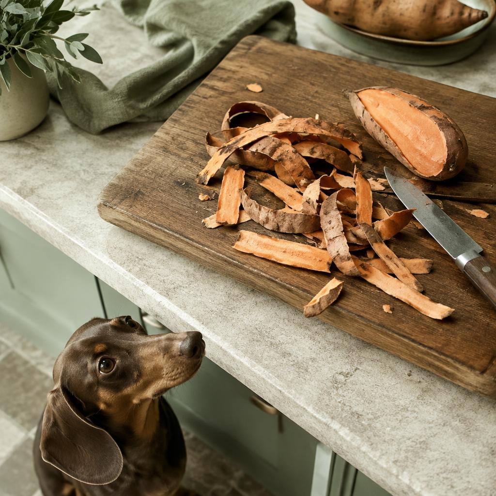 Sweet potato peelings on a chopping board with a dachshund watching