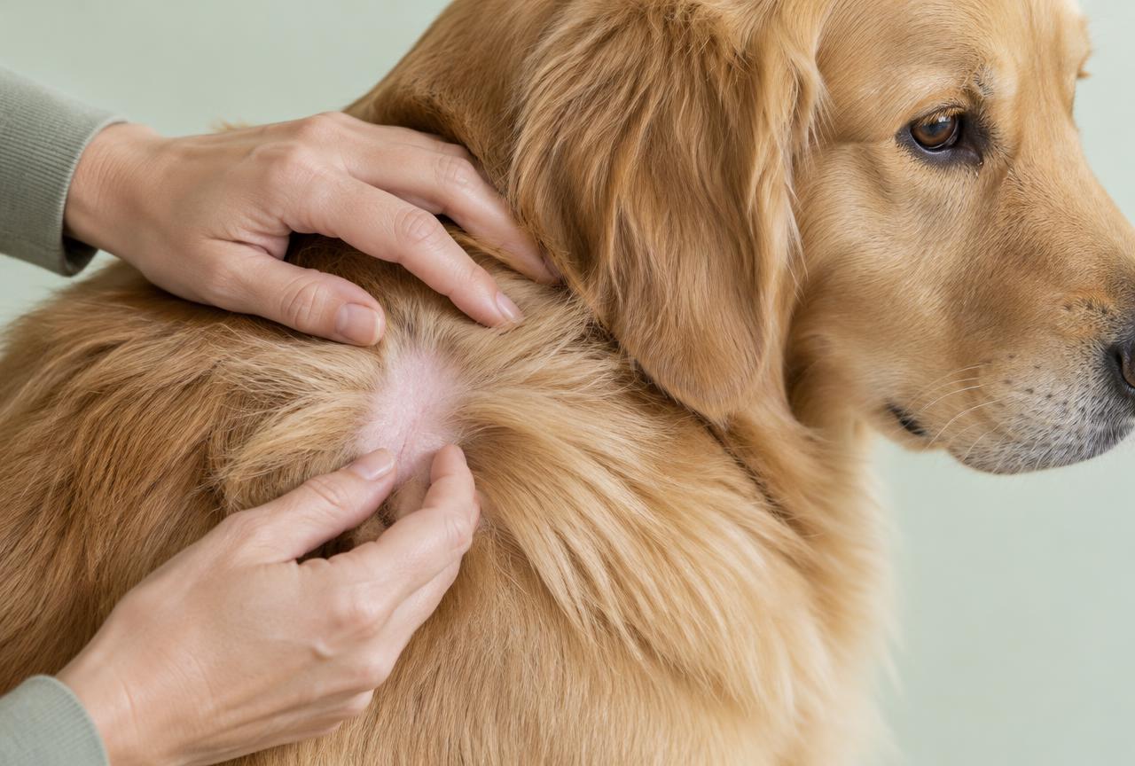 A person parting a dog''s coat to check the skin beneath
