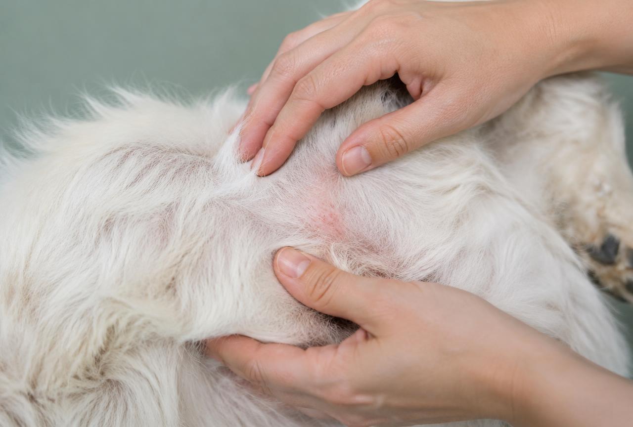 Two hands parting the white fur on a dog's belly to show a patch of pink, slightly red skin