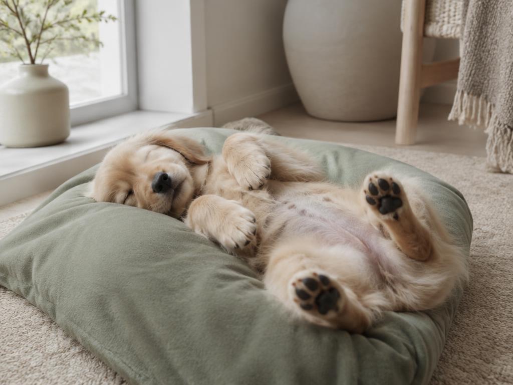 Puppy sleeping deeply on a pale blanket
