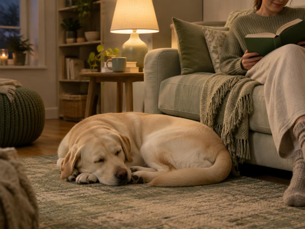 A Labrador curled up asleep on a rug beside a sofa in warm lamplight