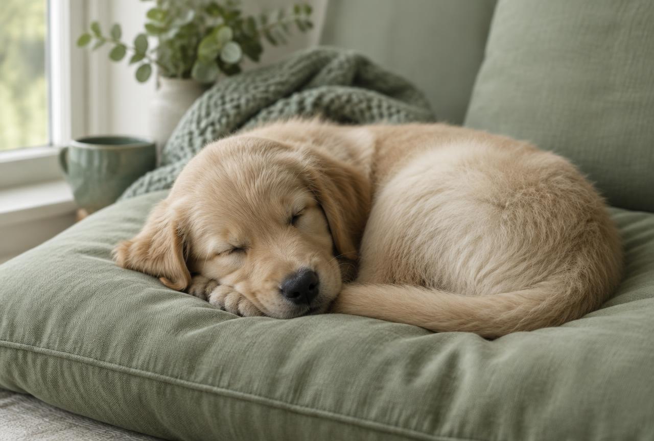 A puppy sleeping curled up peacefully on a sage green cushion