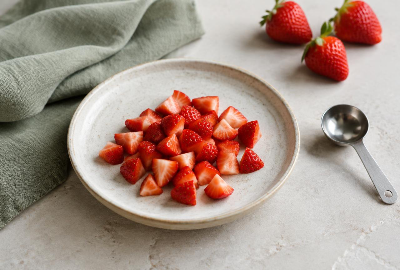 Chopped strawberries on a plate beside a measuring spoon