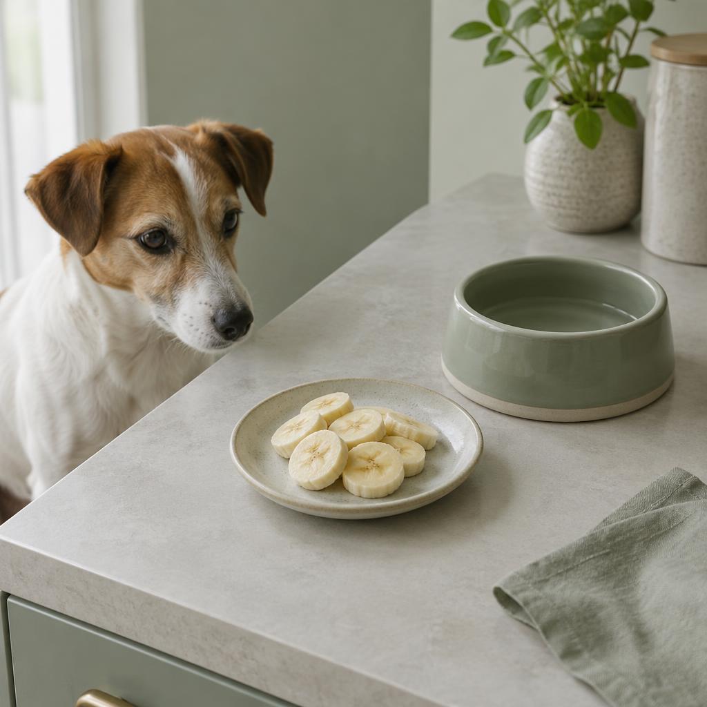 Banana slices on a plate next to a dog bowl