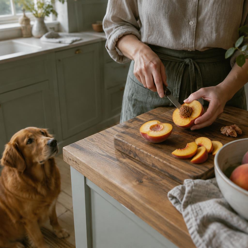 Hands slicing a ripe peach on a wooden board while a dog watches from the floor