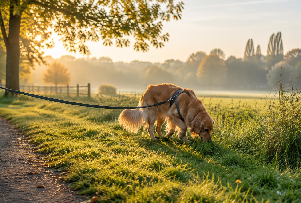 A golden retriever sniffing grass at the edge of a park on a long lead in morning light