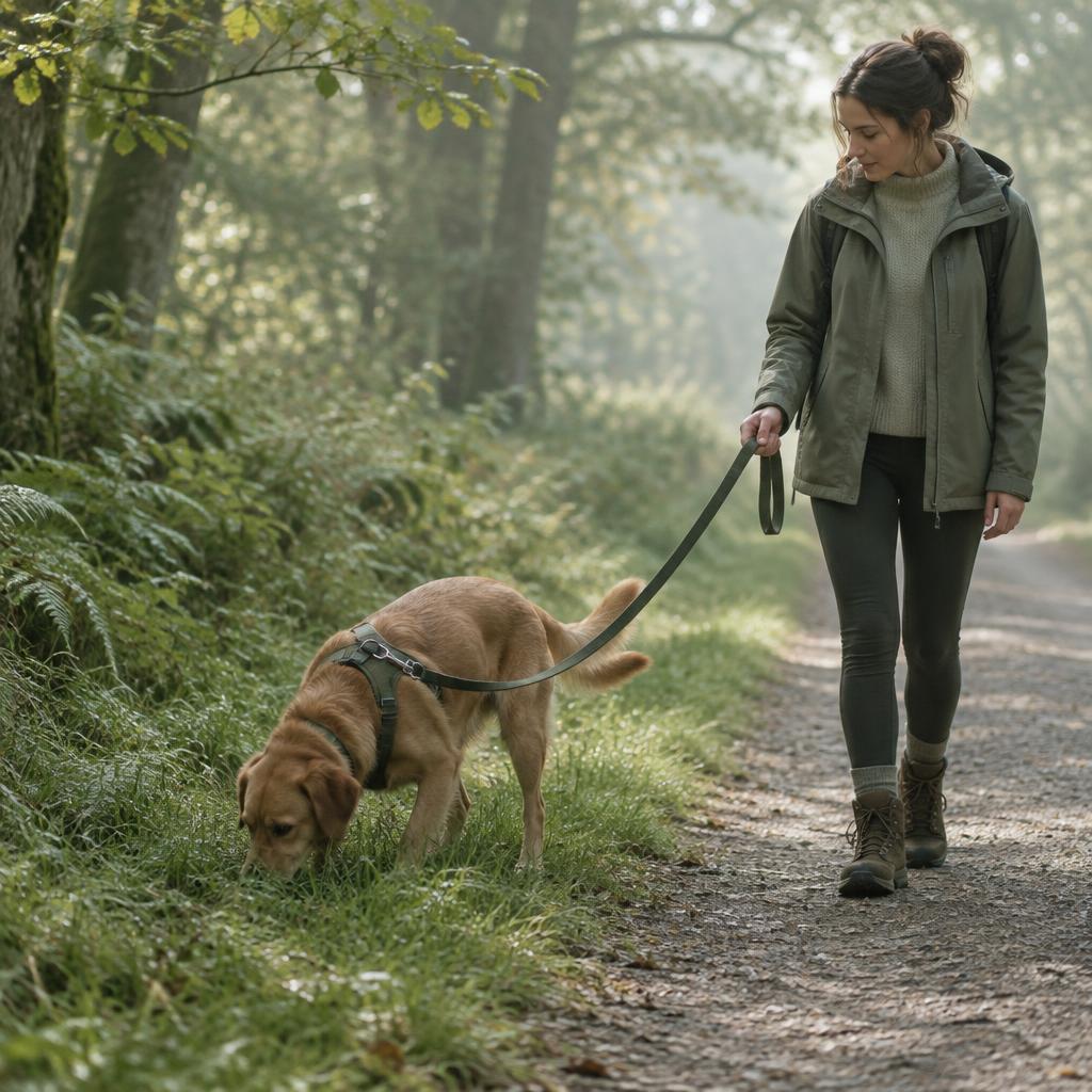 A dog on a lead sniffing intently at a patch of grass on a woodland path