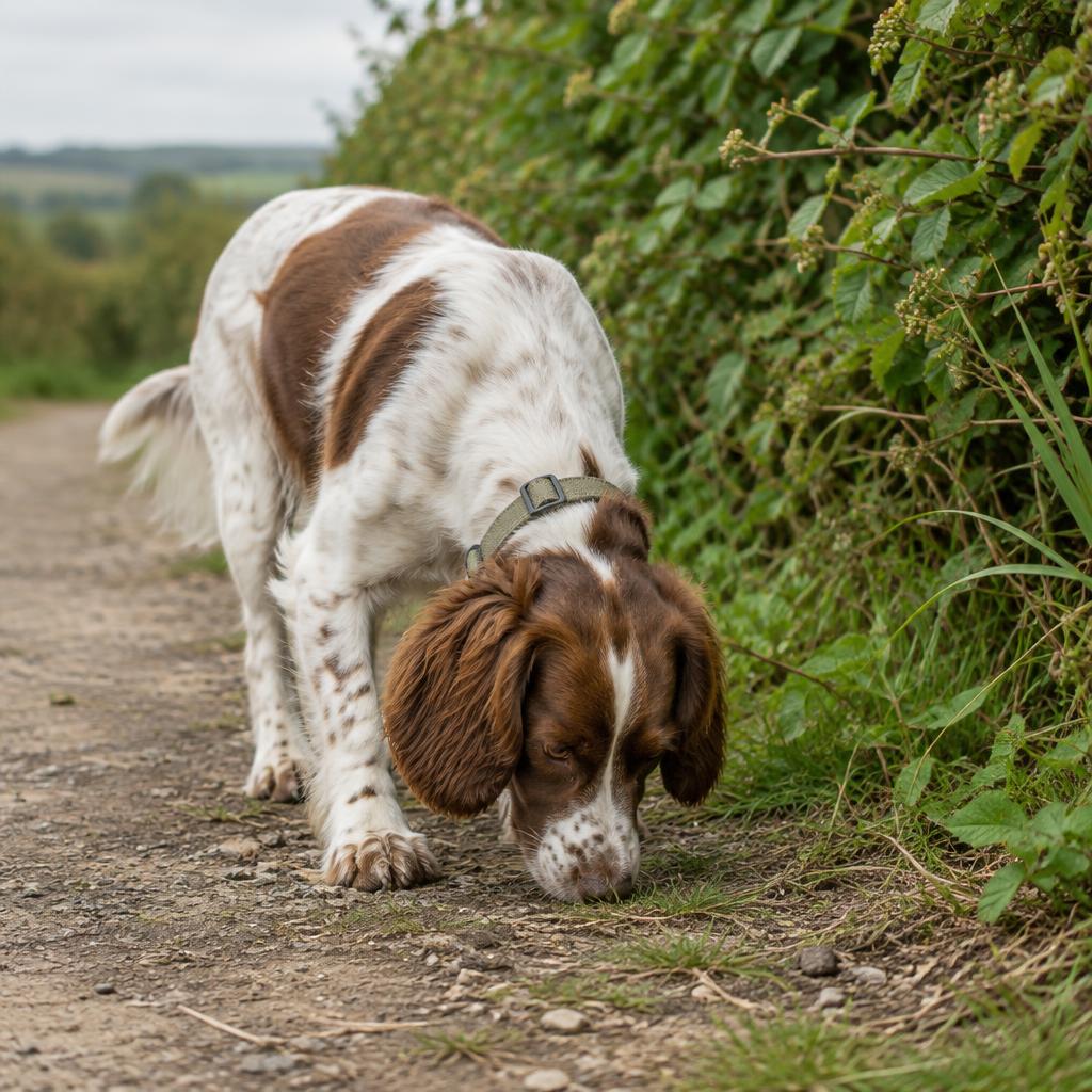 A spaniel sniffing the ground on a country path
