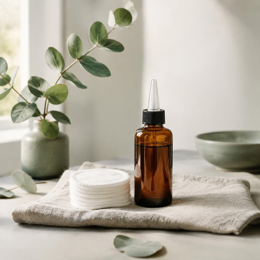 A bottle of dog ear cleaning solution beside cotton pads on a linen cloth
