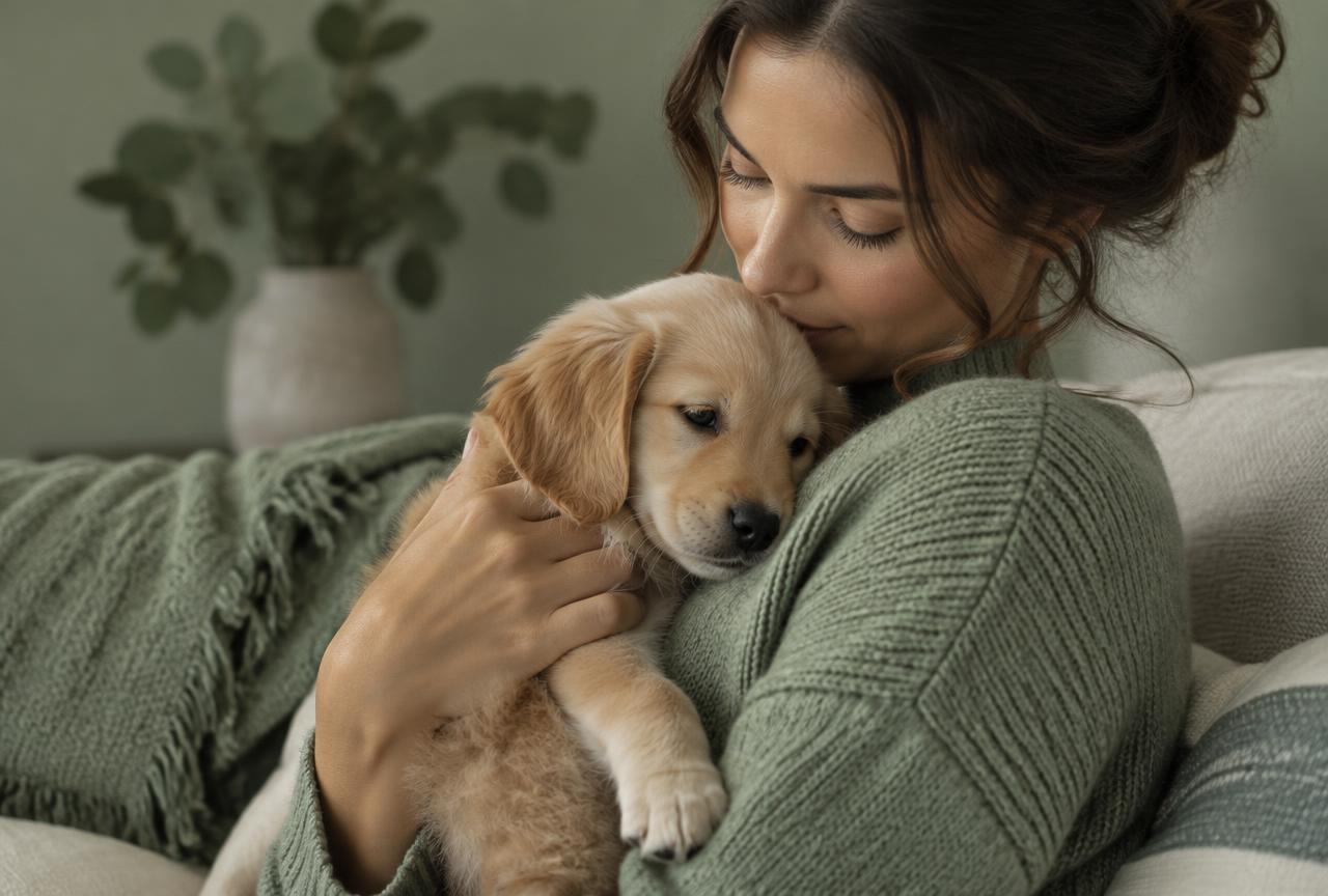 An owner gently holding a small calm puppy against their chest