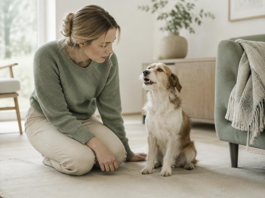 Dog coughing on a rug in daylight