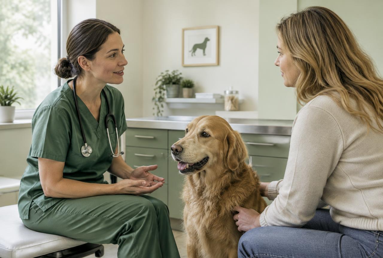A vet talking with a dog owner in a consulting room