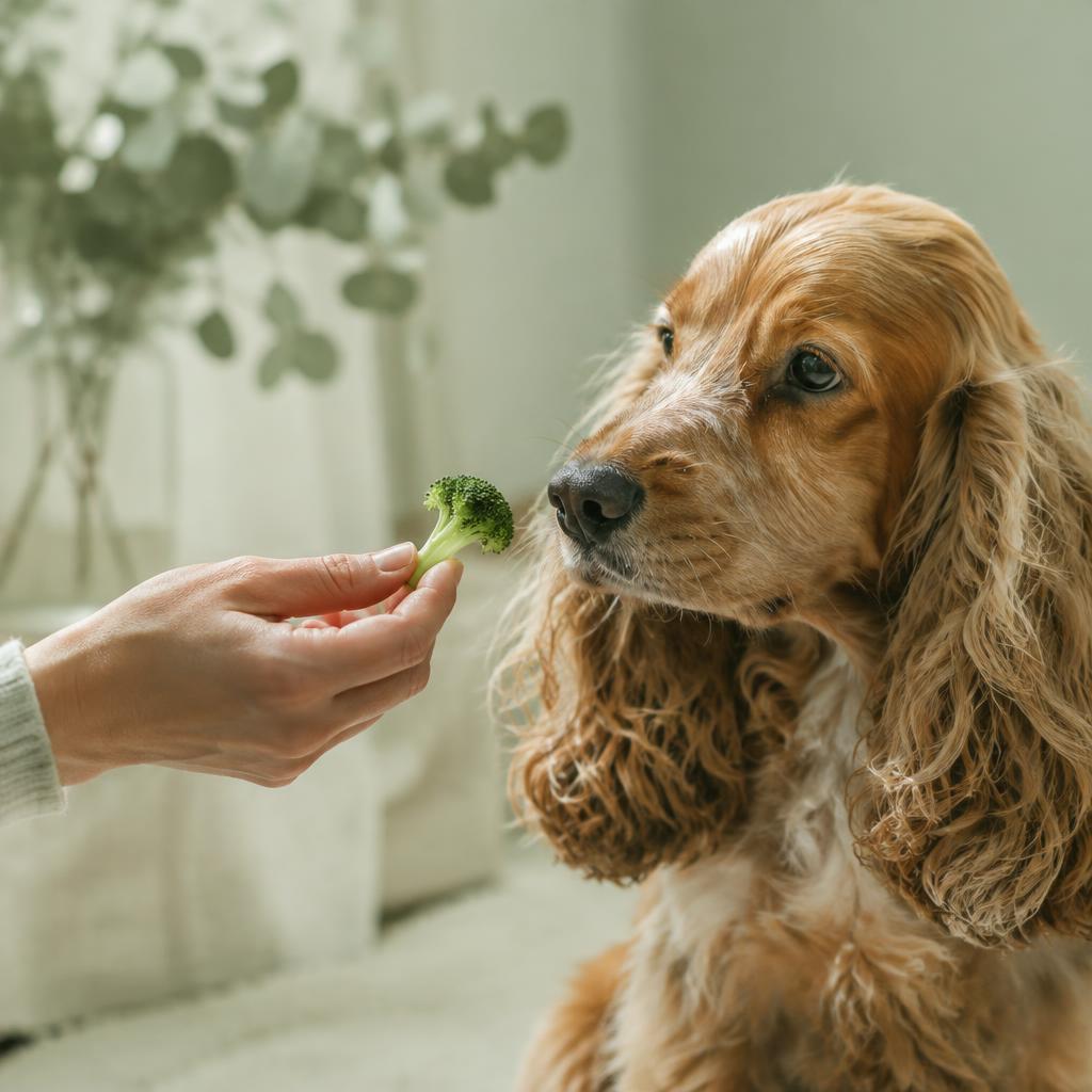 A cocker spaniel being offered a small piece of steamed broccoli