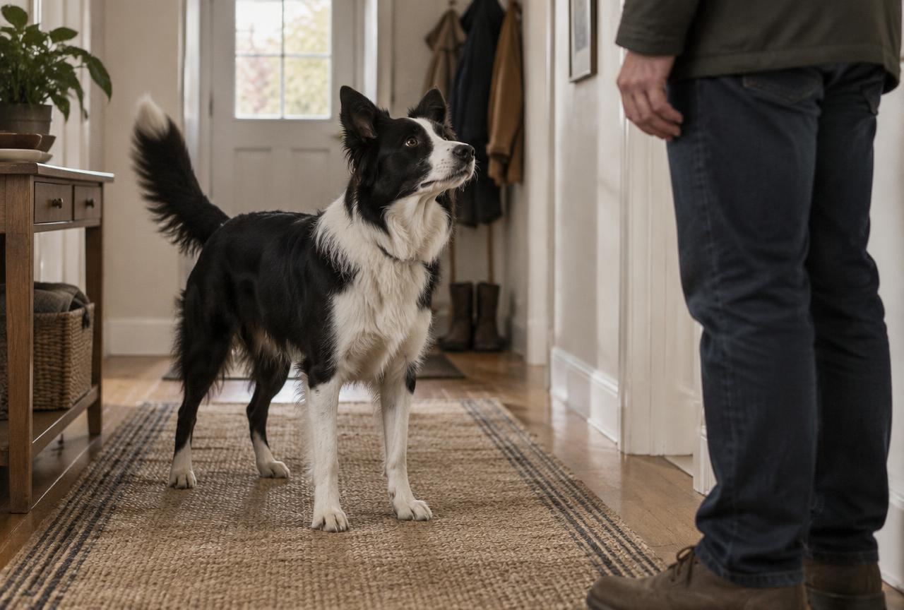 A border collie standing very still in a hallway, tail raised stiffly, staring up at a person standing nearby