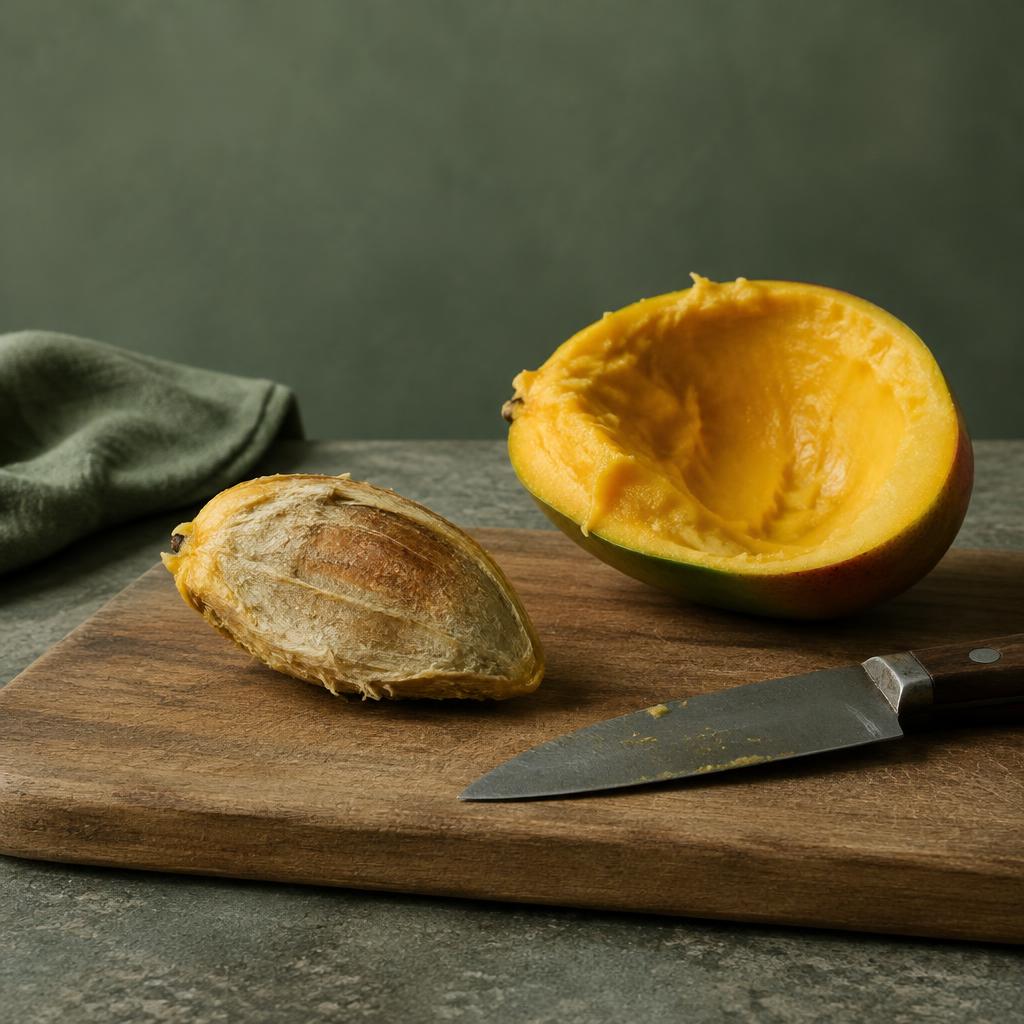 A mango stone on a wooden board next to a knife, separated from the flesh