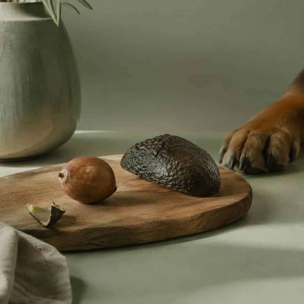 An avocado stone and skin on a wooden board with a dog's paw at the frame edge